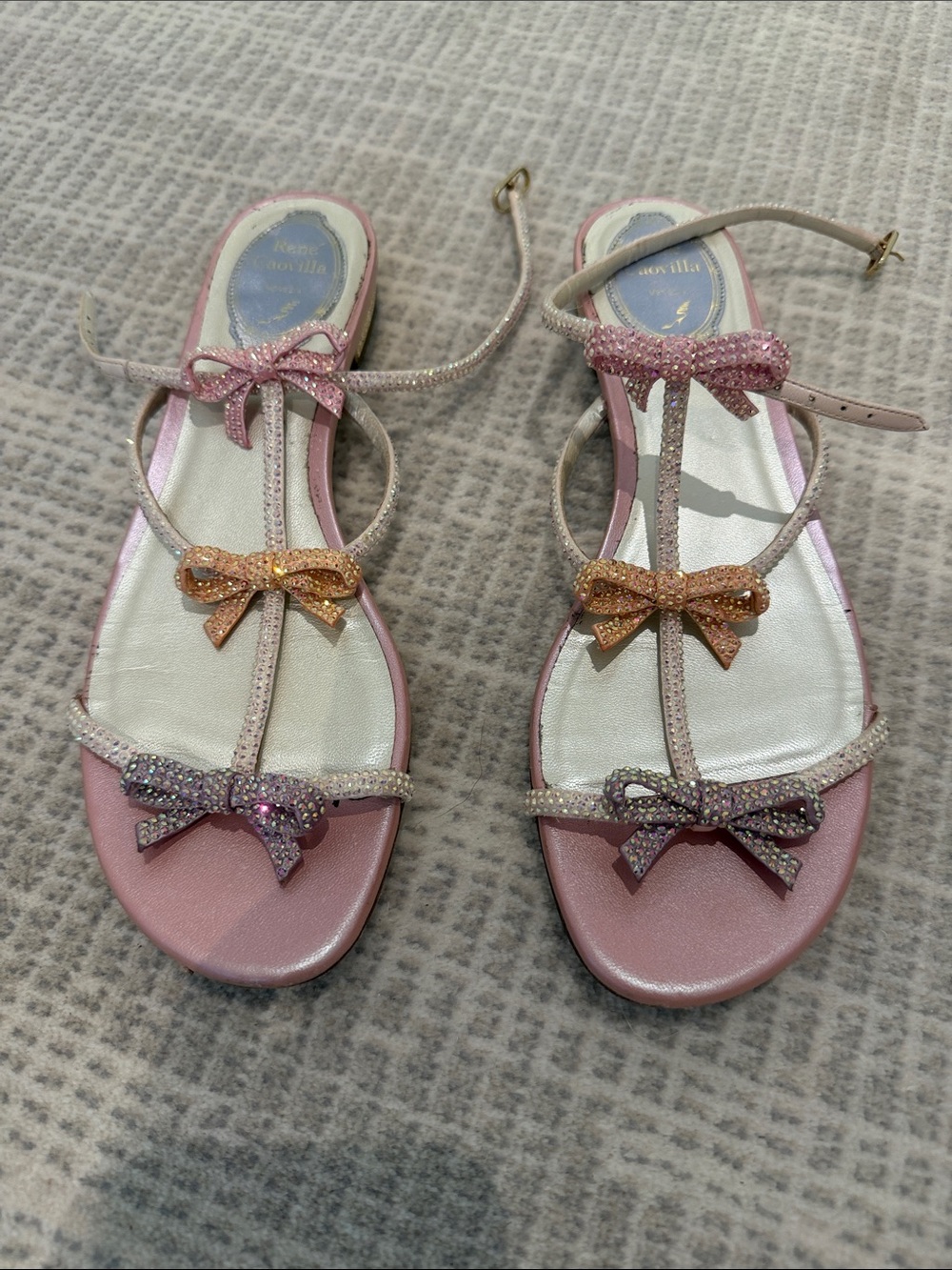 Rene Caovilla Pink Leather T-Strap Sandals with Multicolor Crystal Bows